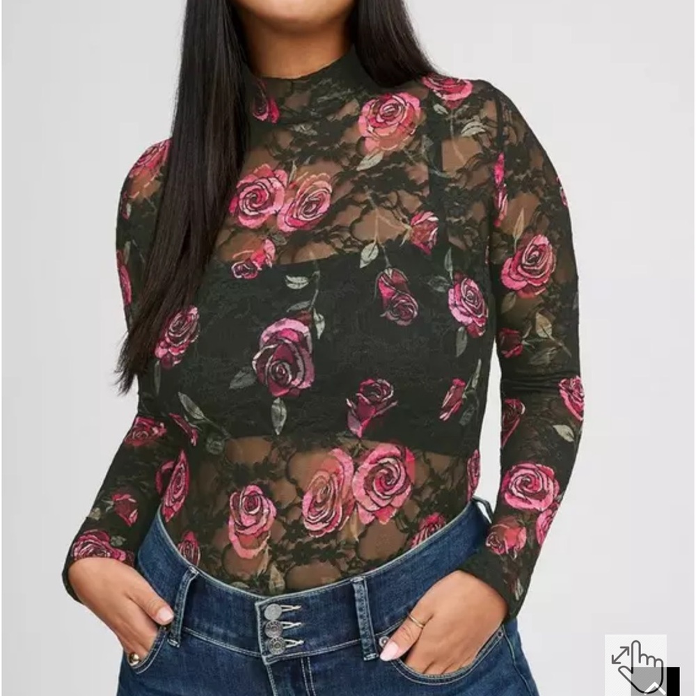 Torrid Sheer Stretch Lace Mock Neck Rose Print Top